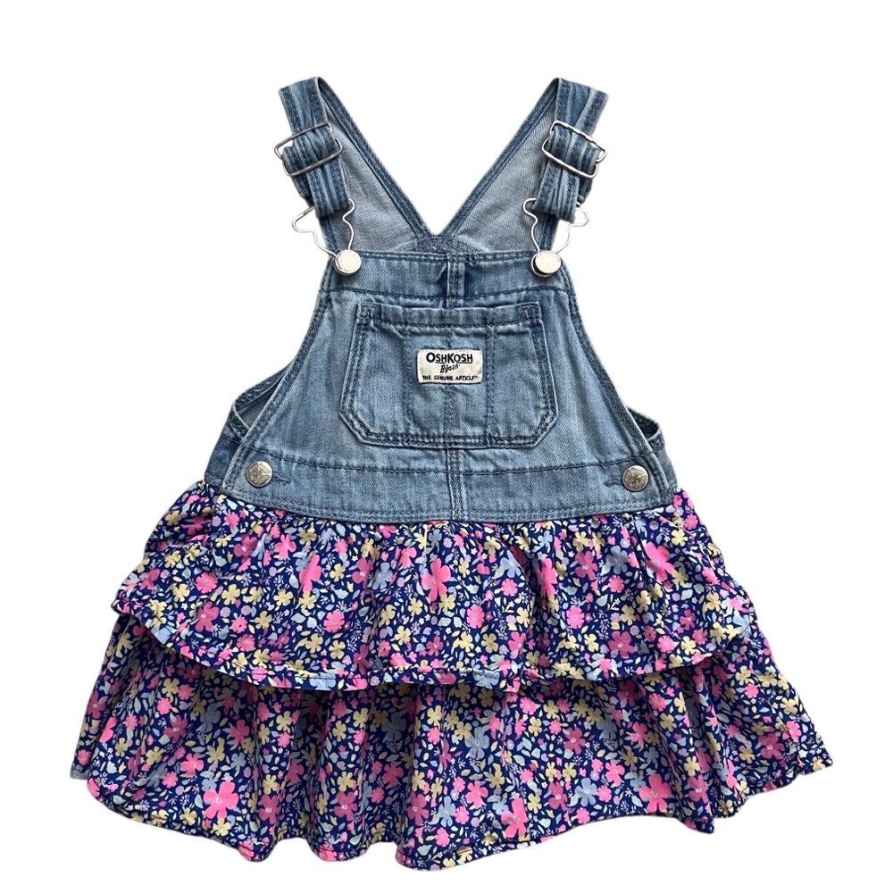 Oshkosh Girls 18 Months Denim Floral Ruffle Tiered Overall Jumper Dress Classic